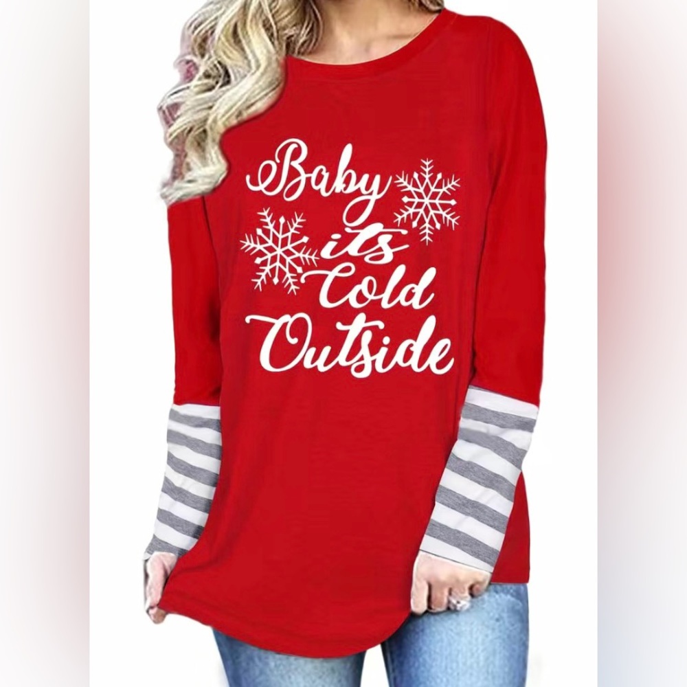 Woman’s Christmas “Baby it’s Cold Outside” striped sleeves Top. Size: Various - Picture 1 of 7